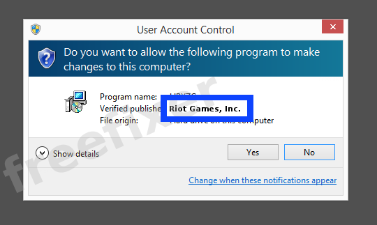 Screenshot where Riot Games, Inc. appears as the verified publisher in the UAC dialog